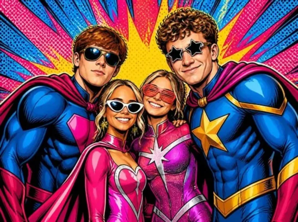Group of friends turned into comic book superheroes by the AI photo booth
